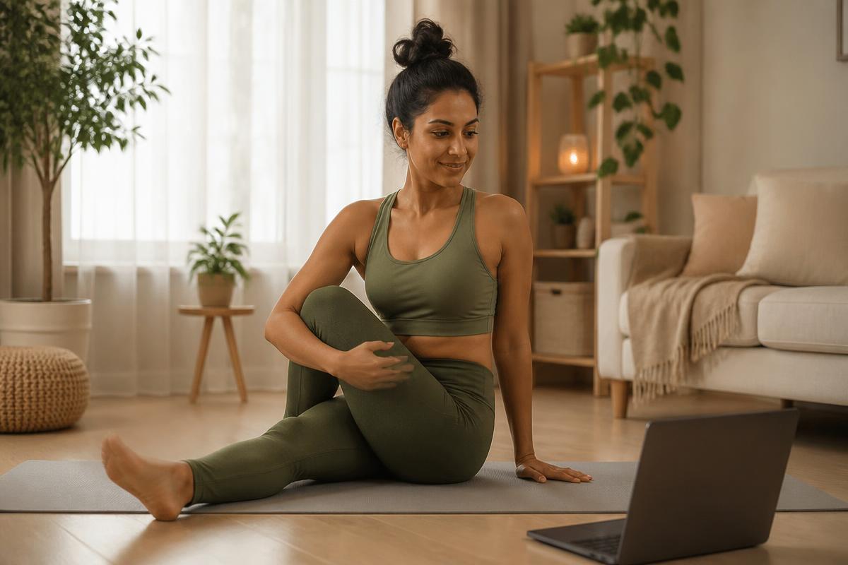 Woman practicing yoga at home with a laptop for a virtual class